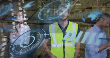 Communications operator tapping tablet activating 6G overlay turning into globe with logistics bars. Technology, logistics, digital, connectivity, innovation, industrial, networking