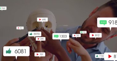 Instructor pointing skull cavity with pen, students touching jaw as icons rising in anatomy lesson. Educational, training, instruction, learning, scientific, interactive, digital