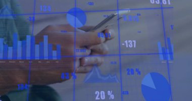 Man tapping swiping phone screen while business interface updating monthly charts and dashboard. Analytics, data visualization, digital interface, screen interaction, technology, professional, futuristic