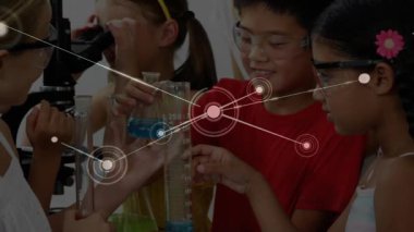 Kids mixing liquids in science lab, animated links emerging over glassware illustrating teamwork. Children, laboratory, teamwork, education, innovation, collaboration, discovery