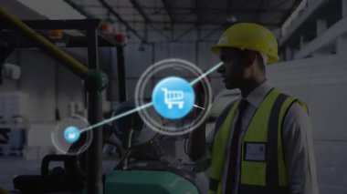Inspector raising mic and inspecting machine as secure supplychain overlay expanding. Industrial, connectivity, security, logistics, technology, supervision, infrastructure