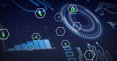 HUD ızgarada görünmeye başladığında, altıgen simgeleri yörüngede, enerji ölçümlerini gösteren çubuklar yükseliyor. Teknoloji, yenilik, sürdürülebilirlik, dijital, geleceksel, veri, görselleştirme