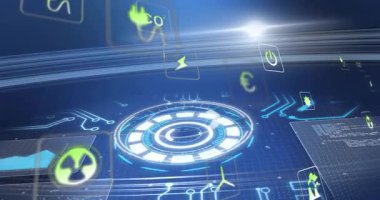 Işık demeti tarama ızgarası, güç akışını gösteren enerji simgeleriyle ortaya çıkan platform. Gelecek, teknoloji, neon, enerji, siber, yenilik, dijital