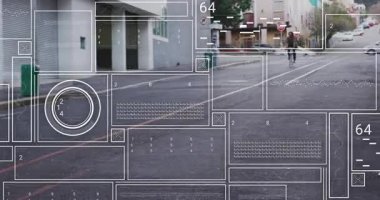Adam izleme kutusuna giriyor ve şehir yolunda kameraya doğru bisikletle giderken teknik paneller ölçümleri güncelliyor. Kentsel, teknoloji, hareket, veri görselleştirme, ulaşım, analitik, kentsel