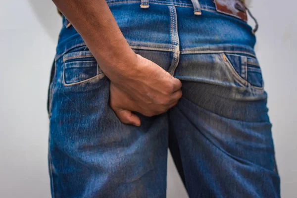 Itching Butt Rashes Man Rude Scratches His Buttocks Indoor Something — Foto Stock