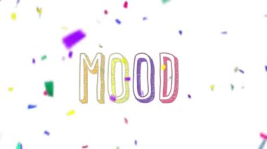MOOD kelimesi beyaz arkaplansız 4K döngüsünde izole. Renkli Kelime Ruh hali Metni Renkli parıltıların Düşüşü