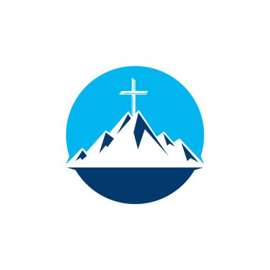 Dağ logosu dizaynında Baptist haçı. Dağın tepesinden geç..