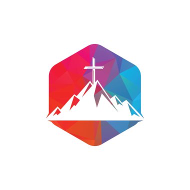 Dağ logosu dizaynında Baptist haçı. Dağın tepesinden geç..