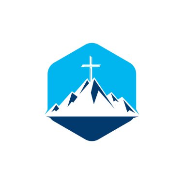 Dağ logosu dizaynında Baptist haçı. Dağın tepesinden geç..
