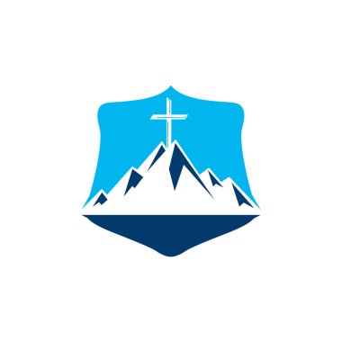 Shield Baptist Haçı dağ logosu tasarımında. Dağın tepesinden geç..