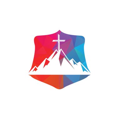 Shield Baptist Haçı dağ logosu tasarımında. Dağın tepesinden geç..