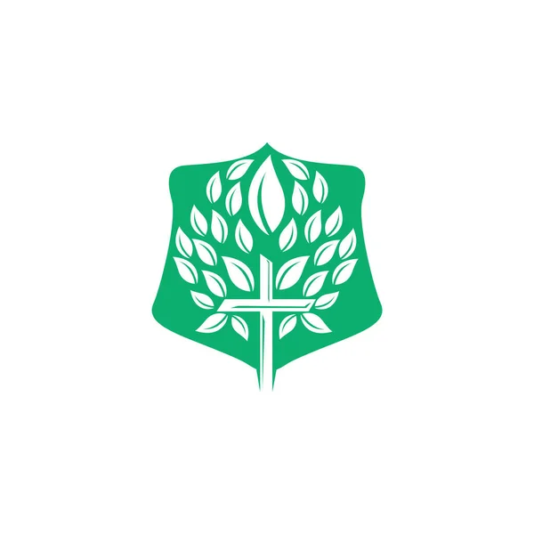 Árbol Religioso Cruz Escudo Símbolo Icono Diseño Vectorial Plantilla Diseño — Vector de stock