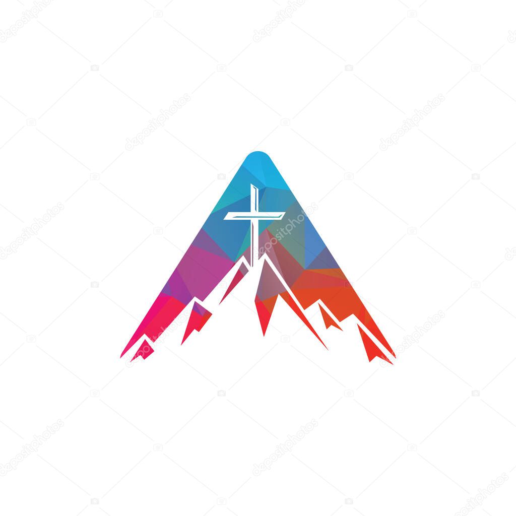 Triangle Baptist cross in mountain logo design. Cross on top of the mountain.