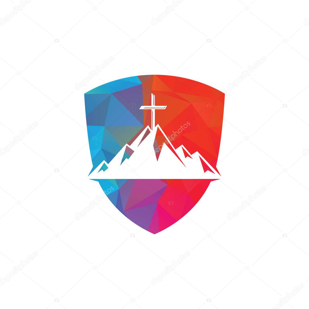 Shield Baptist cross in mountain logo design. Cross on top of the mountain.
