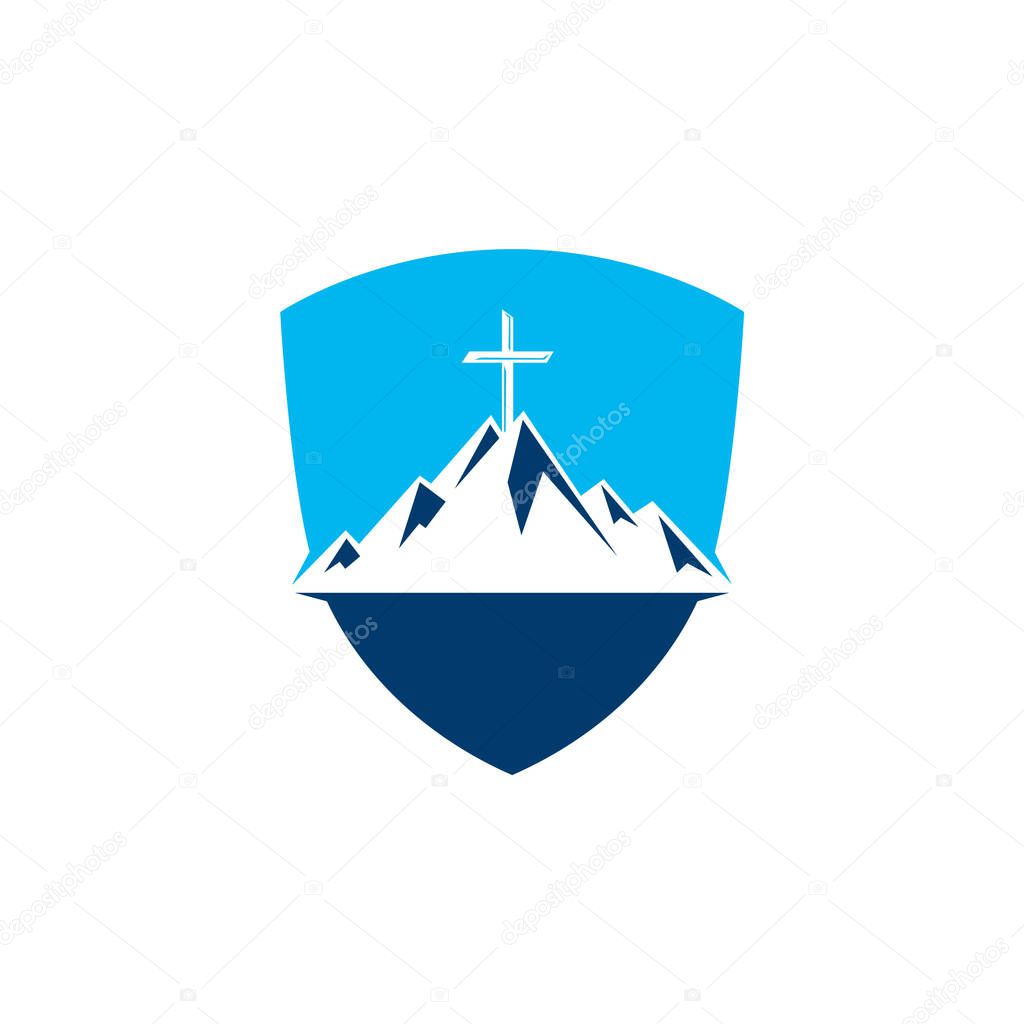 Shield Baptist cross in mountain logo design. Cross on top of the mountain.