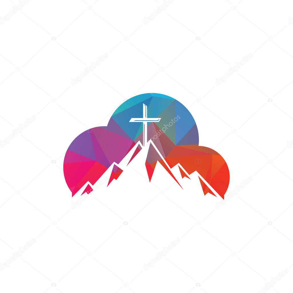 Baptist cross in mountain logo design. Cross on top of the mountain and cloud shape logo.