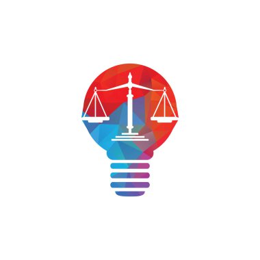 Ampul ve Adalet logosu tasarımı. Eğitim, hukuk hizmetleri logosu. Noter, adalet, avukat simgesi veya sembol Vektör