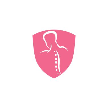 Kayropraktik kalkan logosu tasarım vektörü çizimi. İnsan omurgası Acı Logosu. Omurga bakım logosu.