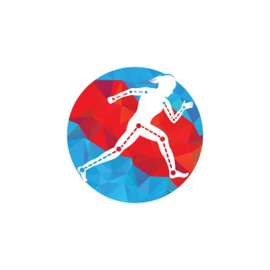 Kadın koşucuyla fizyoterapi tasarım şablonu. Renkli vektör sağlığı. Fizyoterapi kliniği logosu.