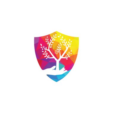 El kalkanı vektör logosu dizaynındaki ağaç. Doğal kalkan ürünleri logosu. Kozmetik ikonu. Spa logosu.