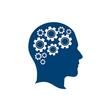 Teknoloji İnsan Baş Logosu Tasarımı. Vites fikri yenilik dehası olan dijital insan kafası şekli..