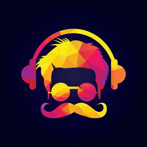 Hipster Men Visage Avec Moustache Casque Retro Music Affiche Illustration — Image vectorielle