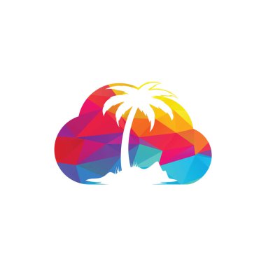 Cloud Beach ve palmiye ağacı vektör logosu. Seyahat ve turizm tabelası.