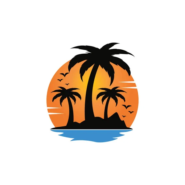 Tatiller ve turizm vektör logosu tasarımı. Plaj güneşi ve palmiye ağacı vektör logosu. Seyahat ve turizm tabelası. Resort home stay konukseverlik işi için vektör logosu tasarımı.