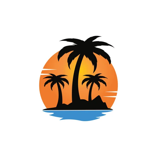 Tatiller ve turizm vektör logosu tasarımı. Plaj güneşi ve palmiye ağacı vektör logosu. Seyahat ve turizm tabelası. Resort home stay konukseverlik işi için vektör logosu tasarımı.