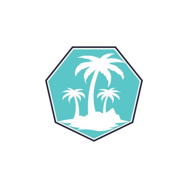 Tropik plaj ve palmiye ağacı logosu tasarımı. Yaratıcı palmiye ağacı vektör logosu tasarımı