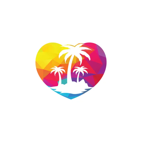 Strand Liefde Vector Logo Hart Palmboom Icoon Reis Toerismebord — Stockvector