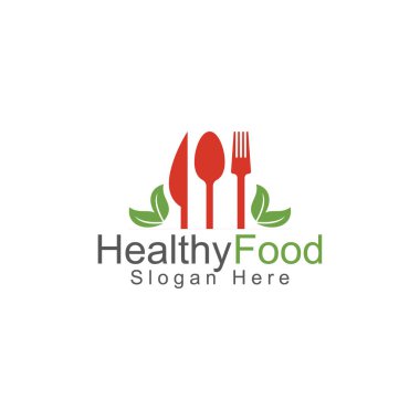Sağlıklı gıda logosu şablonu. Kaşık, çatal, bıçak ve yaprak sembollü organik gıda logosu..