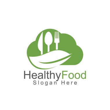 Sağlıklı gıda bulut şablonu. Kaşık, çatal, bıçak ve yaprak sembollü organik gıda logosu..