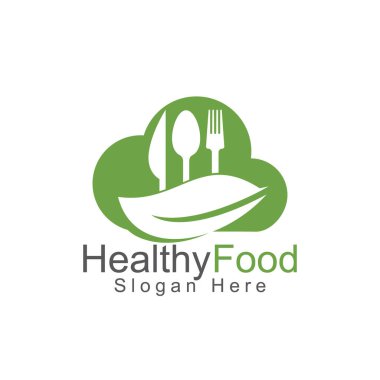 Sağlıklı gıda bulut şablonu. Kaşık, çatal, bıçak ve yaprak sembollü organik gıda logosu..