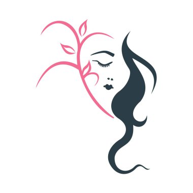 Güzel bir kadının yüz logosu tasarım şablonu. Saç kızı, yaprak sembolü. Güzellik salonu, masaj, dergi, kozmetik ve kaplıca için soyut tasarım konsepti.