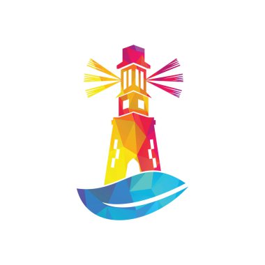 Yeşil deniz feneri logo şablonu tasarımı. Yaprak ve Deniz Feneri Logo Şablonu.