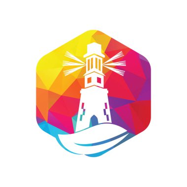Yeşil deniz feneri logo şablonu tasarımı. Yaprak ve Deniz Feneri Logo Şablonu.