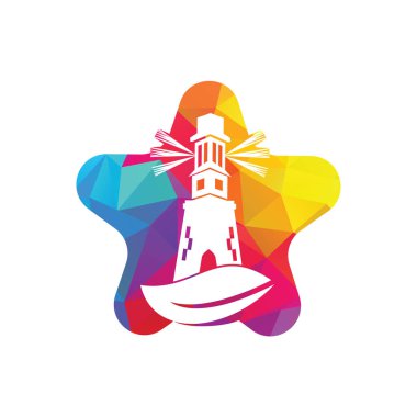 Yeşil deniz feneri şekilli konsept logo şablonu tasarımı. Yaprak ve Deniz Feneri Logo Şablonu.