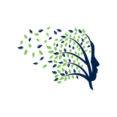 Kadın Üfleme Ağacı Şablonu Tasarımı. Kadın Yüzü Yaprak Vektörü Tasarımı.