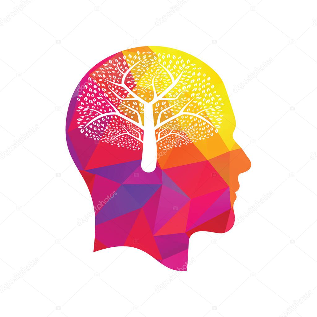 A Human head tree with leaves logo icon illustration. Human head brain tree vector design.