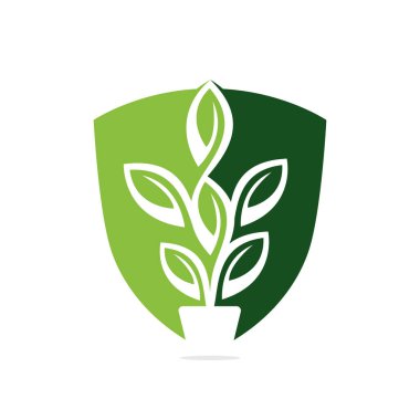 Çiçek saksı kalkanı ve saksı taşıyıcı tasarımı. Ot Logosu Tasarımı Üzerine Kalkan Yeşil Ağacı.