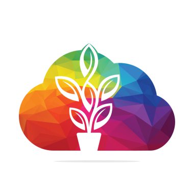 Cloud Flowers Pot and Plant Pot Vector İllüstrasyon Tasarımı. Bulut Logosu Tasarımı Üzerine Yeşil Ağaç Tenceresi.