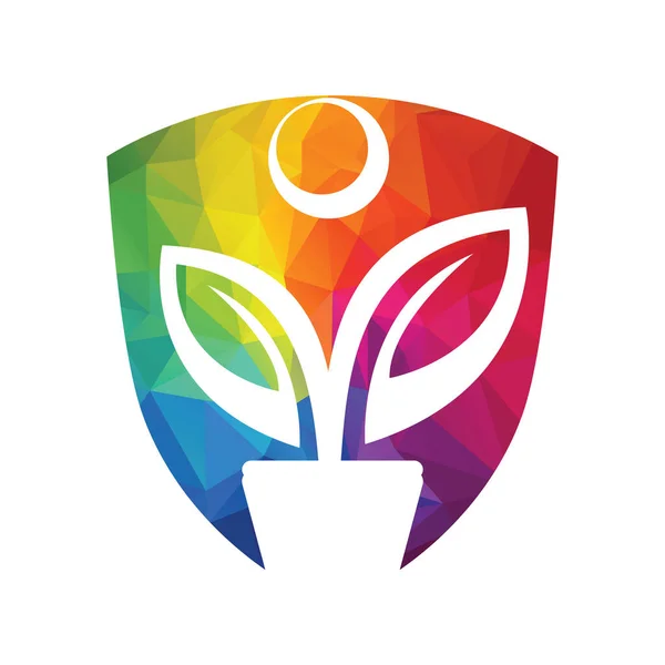 Логотип Цветочного Горшка Защиты Растений Логотип Векторного Щита Роста Человека — стоковый вектор