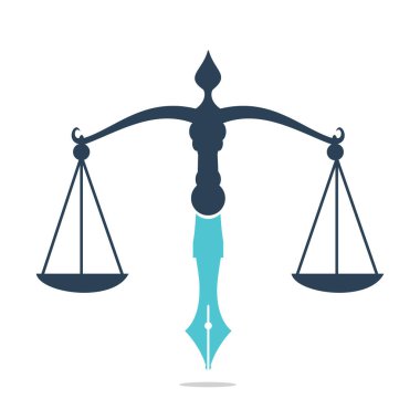 Yargı dengesine sahip hukuk logosu vektörü kalem ucunda adalet ölçeğini sembolize ediyor. Hukuk, mahkeme, adalet hizmetleri ve firmalar için logo vektörü.