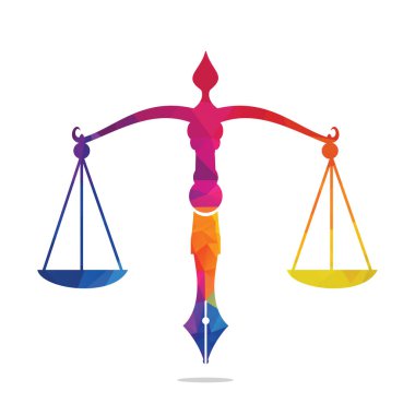 Yargı dengesine sahip hukuk logosu vektörü kalem ucunda adalet ölçeğini sembolize ediyor. Hukuk, mahkeme, adalet hizmetleri ve firmalar için logo vektörü.