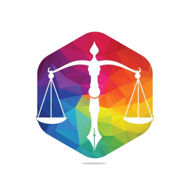 Yargı dengesine sahip hukuk logosu vektörü kalem ucunda adalet ölçeğini sembolize ediyor. Hukuk, mahkeme, adalet hizmetleri ve firmalar için logo vektörü.