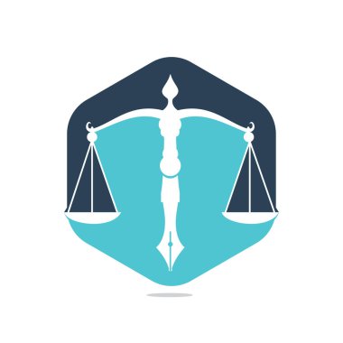Yargı dengesine sahip hukuk logosu vektörü kalem ucunda adalet ölçeğini sembolize ediyor. Hukuk, mahkeme, adalet hizmetleri ve firmalar için logo vektörü.