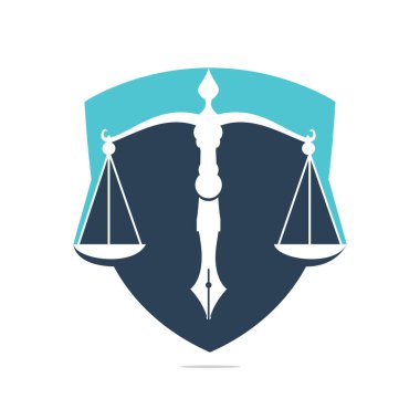 Yargı dengesine sahip hukuk logosu vektörü kalem ucunda adalet ölçeğini sembolize ediyor. Kalem ucu vektör şablonu tasarımlı Kalkan Dengesi.