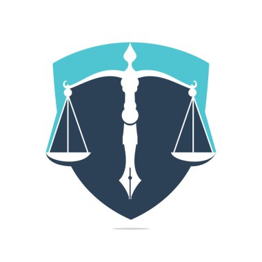 Yargı dengesine sahip hukuk logosu vektörü kalem ucunda adalet ölçeğini sembolize ediyor. Kalem ucu vektör şablonu tasarımlı Kalkan Dengesi.