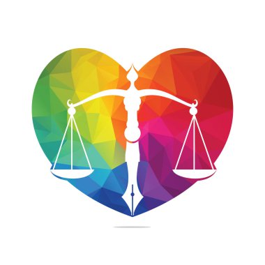 Aşk Hukuku logosu, yargı dengesini simgeleyen bir kalem ucu. Kalem ucu vektör şablonu tasarımlı kalp dengesi.